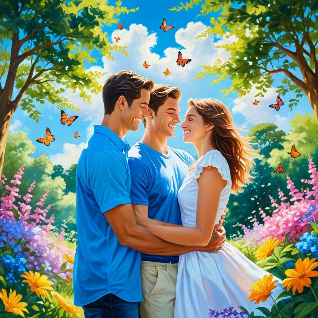 A serene scene where a couple is joyfully embracing in a sunlit park filled with blooming flowers and vibrant greenery, their faces radiating happiness. Surround them with butterflies and soft, fluffy clouds in a bright blue sky, symbolizing blissful moments shared together. Include subtle heart shapes blending into the scenery to enhance the romantic vibe. painting. vibrant colors. soft focus.