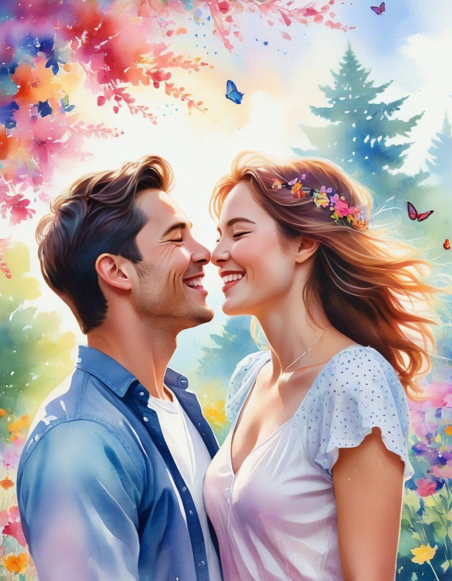 A vibrant and colorful scene depicting a joyful couple laughing together in a sunlit park, surrounded by blooming flowers and butterflies, symbolizing love and happiness. Include elements like sparkling hearts and a glowing aura around them to enhance the feeling of ecstasy. The background should feature a serene blue sky with fluffy clouds, emphasizing a cheerful atmosphere. watercolor painting. bright colors. soft focus.