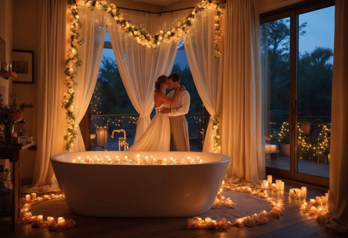 A cozy, ambient room with soft lighting, featuring a couple embracing each other in a moment of joy and connection. Surrounding them are symbols of love like intertwined hearts, candles, and ethereal flowers, evoking a sense of bliss and intimacy. The atmosphere is warm, inviting, and filled with vibrant colors that symbolize passion and happiness. Include delicate details like fairy lights and flowing silk curtains to enhance the romantic setting. super-realistic. warm colors. soft focus.